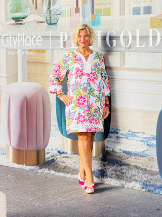 Women's Bold Tropical Solid Trim Shift Dress Cathys Place