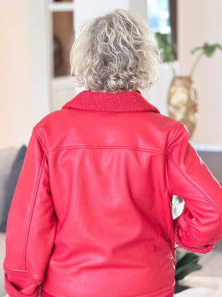 Women's Faux Leather Shearling Zip Front Jacket RED Cathys Place