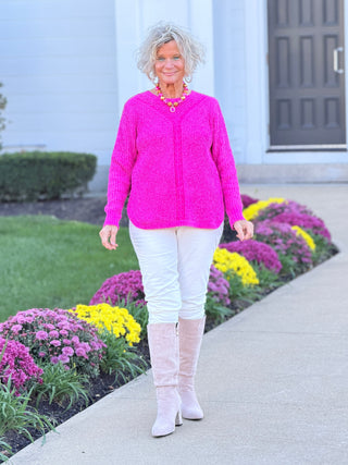 Women's Luster Chenille V-Neck Cable Sweater FUSHIA Cathys Place