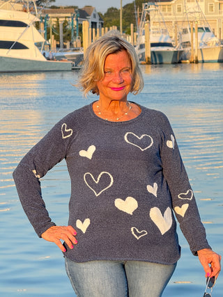 NAVY HEART CHENILLE SWEATER