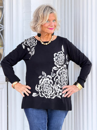 Women's Floral Placement Eyelash Sweater BLACK Cathys Place