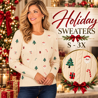 Women's Embroidered Christmas Motif Cable Sweater Cathys Place