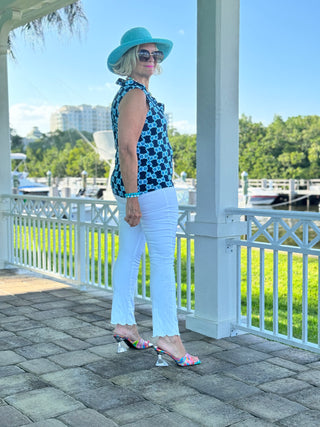 BLUE MEDALLION SLEEVELESS RUFFLE TOP