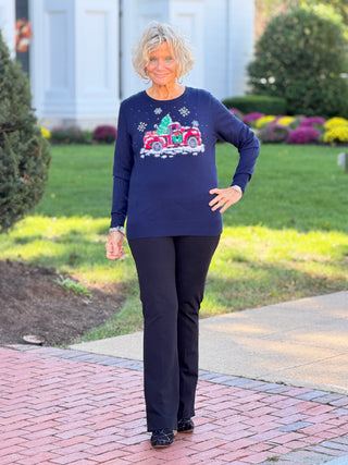 Women's Christmas Truck Print Boat Neck Knit Top Cathys Place