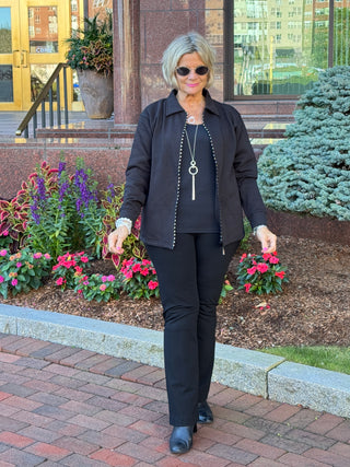 Crystal Zipper Cardigan with Collar Black