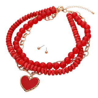 Enamel Heart Pendant Accent Chunky Beaded Layered Statement Necklace Sensibling Corp.