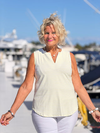 NAUTICAL YELLOW STRIPE SLEEVELESS NOTCH TOP LULU-B