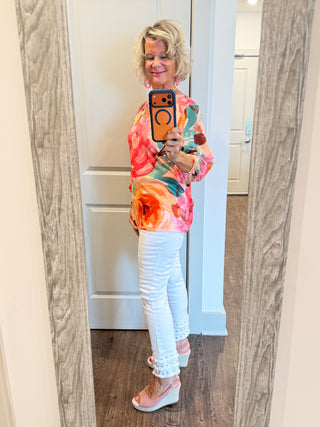 Women's Scalloped Neck Bold Floral Knit Top Cathys Place