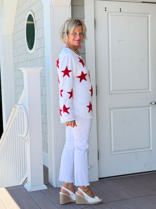 LULU B DOCKSIDE WHITE RED STAR FUZZY SWEATER LULU-B