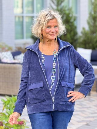 Women's Portrait Collar Velveteen Zip Front Jacket NAVY Cathys Place