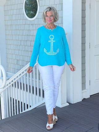 DOCKSIDE NAUTICAL AQUA STRIPE ANCHOR SWEATER Cathys Place