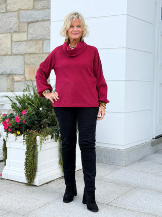Women's Bubble Sleeve Cowl Neck Rib Knit Top SCARLET Cathys Place