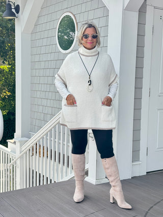 Colored Edge Solid Sleeveless Pocket Sweater Cream