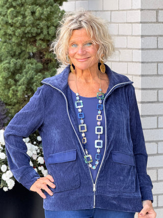 Women's Portrait Collar Velveteen Zip Front Jacket NAVY Cathys Place