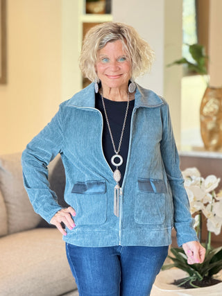 Women's Portrait Collar Velveteen Zip Front Jacket SLATE Cathys Place
