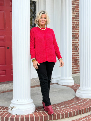 Women's Luster Chenille V-Neck Cable Sweater RED Cathys Place