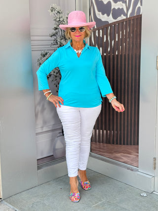 LULU-B SOLID AQUA COLLAR SLEEVE TOP
