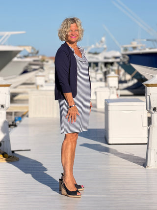 NAUTICAL NAVY SLEEVELESS RUFFLE DRESS LULU-B