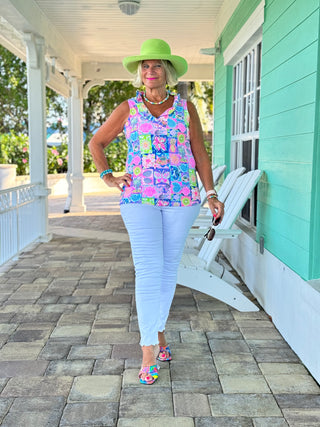 SANDY BEACH COLOR SLEEVELESS RUFFLE TOP