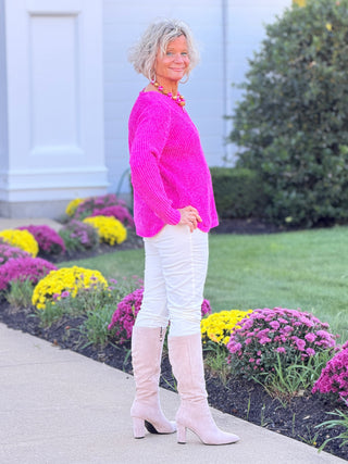 Women's Luster Chenille V-Neck Cable Sweater FUSHIA Cathys Place