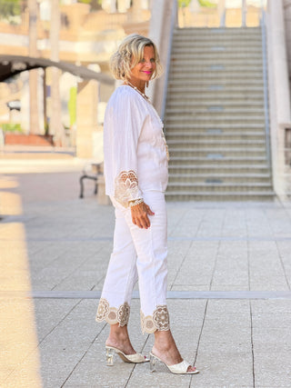 Embroidered Linen Blend Blouse - White CHARLIE B