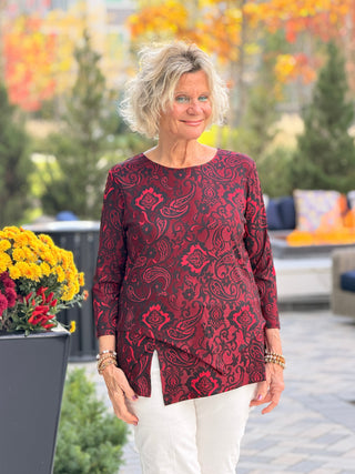 Women's Floral Flocked Texture Lace Trim Top Red Cathys Place