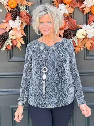 LONG SLEEVE METALLIC TEXTURED KNIT TOP Cathys Place