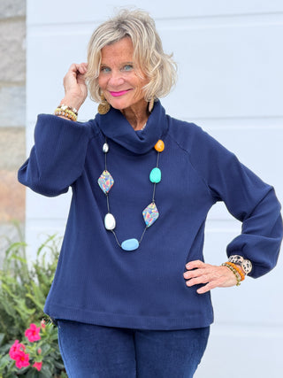 Women's Bubble Sleeve Cowl Neck Rib Knit Top NAVY Cathys Place