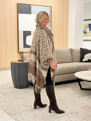 Leopard Bold Striped Oversized Slouchy Western Cape Poncho Cap Zone