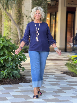 LULU-B NAVY CASHMERE SCOOP NECK FRINGE TOP LULU-B