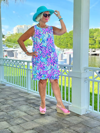 PINK PALM TREE  SHIFT RUFFLE DRESS