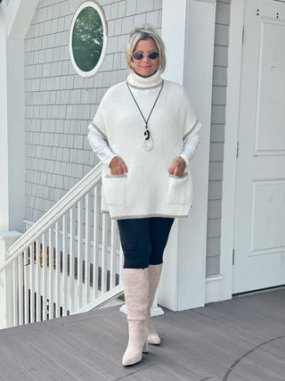 Colored Edge Solid Sleeveless Pocket Sweater Cream