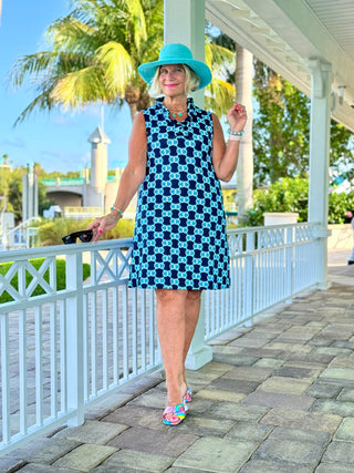 BLUE MEDALLION RUFFLE DRESS