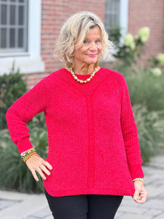 Women's Luster Chenille V-Neck Cable Sweater RED Cathys Place