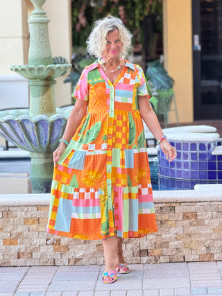 Casual Bohemian ORANGE high-waisted color contrast dress Cathys Place