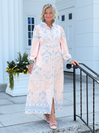 Women Summer Boho Tropical Cotton Linen Maxi Dress with Belt Pink / M