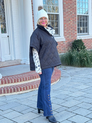 Quilted Short Sleeves Puffer Pullover Poncho Black Cathys Place