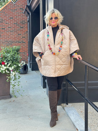 Oversize Quilted Puffer Hood Cape Poncho BEIGE