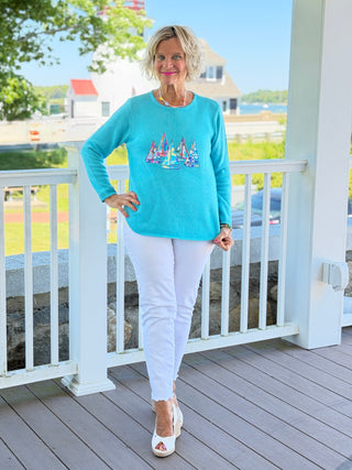 BEACH CLUB AQUA SAILBOAT SWEATER LULU-B