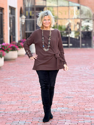 Women's Rib Knit Boat Neck Side Tie Top WALNUT Cathys Place