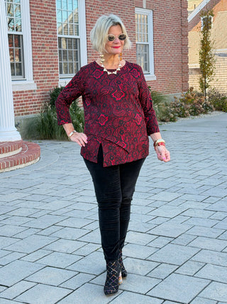 Women's Floral Flocked Texture Lace Trim Top BLACK Cathys Place