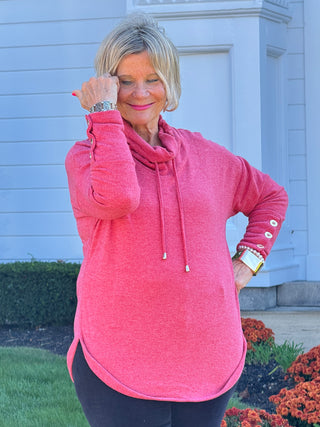 Women's Cowl Neck Cozy Hatchi Drawstring Top CHERRY