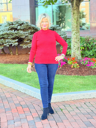 Ribbed Knit Mock Neck Sweater RED CHARLIE B