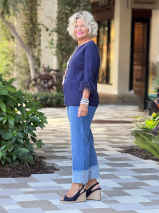 LULU-B NAVY CASHMERE SCOOP NECK FRINGE TOP LULU-B