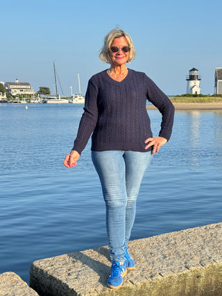 LULU-B NAVY CABLE V NECK SWEATER