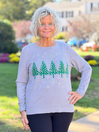 Women's Jacquard Trees Crystal Embellished Sweater Cathys Place