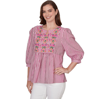 Women's Embroidered Placket Stripe Blouse Cathys Place