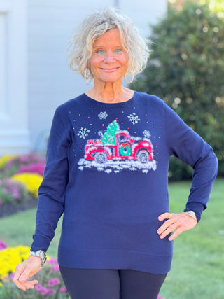 Women's Christmas Truck Print Boat Neck Knit Top Cathys Place