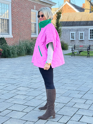 Quilted Short Sleeves Puffer Pullover Poncho Pink