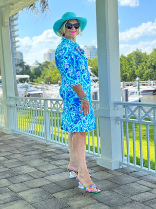 BLUE DREAMING HEART RUFFLE NECK DRESS